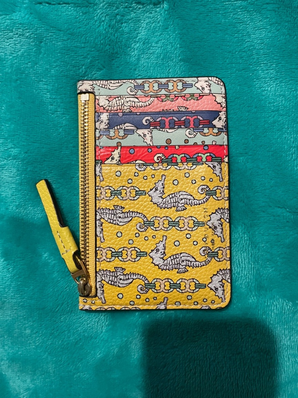 Tory Burch Yellow Seahorse Pattern Zip Card Wallet